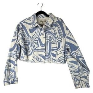 Signature Eight Blue‎ Swirl Cropped Denim Jacket Raw Hem 100% Cotton Size L